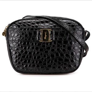 Salvatore Ferragamo Black Croc Embossed Leather Vara Crossbody